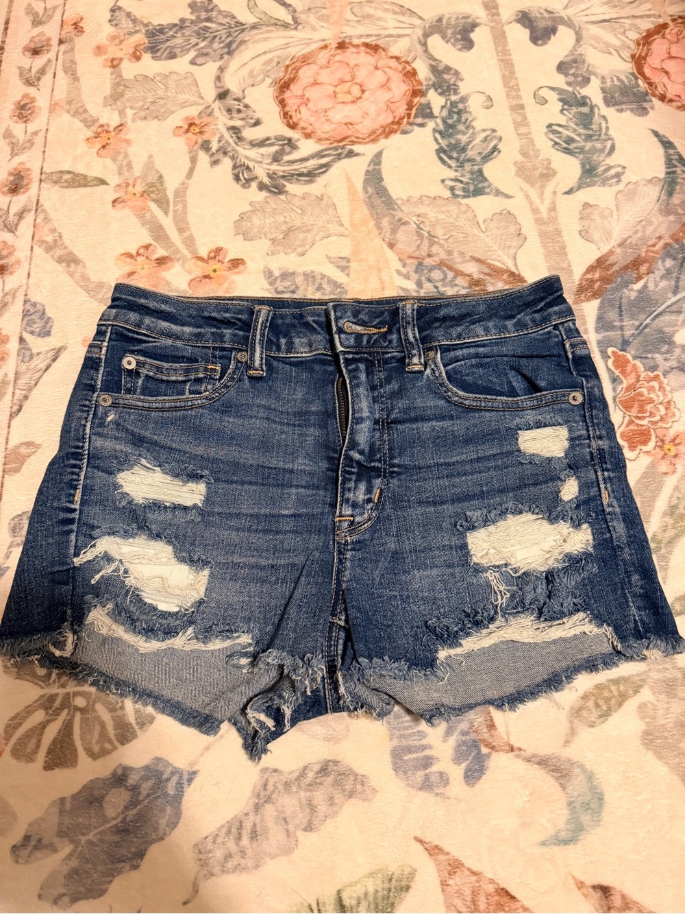 American Eagle Outfitters Ripped Dark Blue High-Rise Jean Shorts